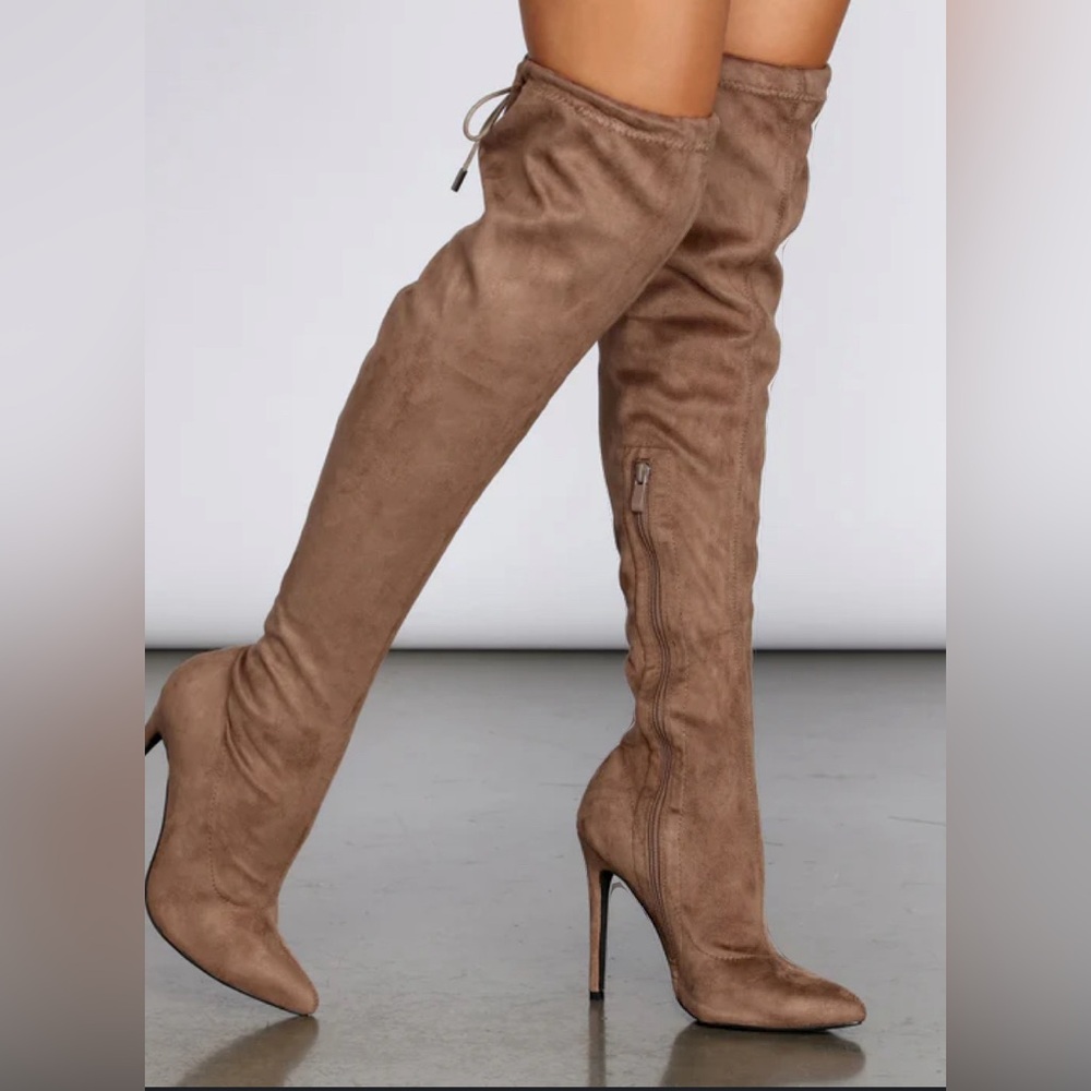 Camel thigh high boots